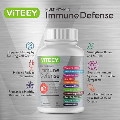 Viteey 11 in 1 Immune Support Supplement - Immune Defense with Vitamin D3, B6, Echinacea, Turmeric, Rose-HIPS, Selenium, BioPerine, Ginger, Elderberry Vitamin C and Zinc - 60 Count