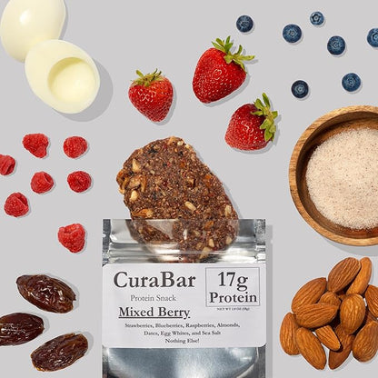 CuraBar Protein Bars – 17g Protein, Low Carb, Gluten Free, Dairy Free, Healthy Snack, Seed Oil Free, No Artificial Ingredients, 12 Count, Mixed Berry