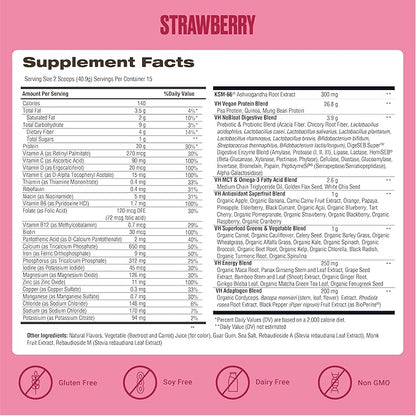VitaHustle ONE Vegan Strawberry Protein Powder - 20g Plant Protein Meal Replacement with 86+ Superfoods & Greens, Probiotics + No Bloat Digestive Blend - Dairy Free, Gluten Free (15 Servings)