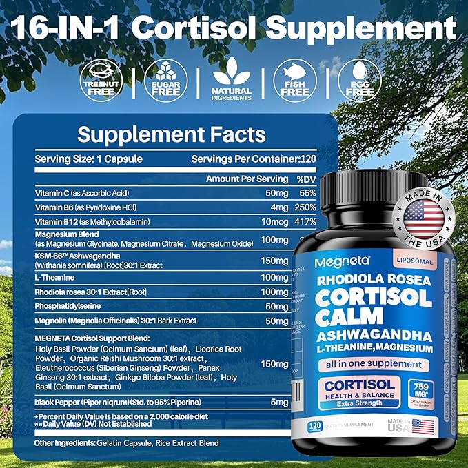 Cortisol Balance & Sleep Support for Women & Men – Natural Calm Formula with Magnesium, Ashwagandha & L-Theanine – Supports Restful Sleep, Relaxation, Focus & Healthy Cortisol Levels – 120 Capsules