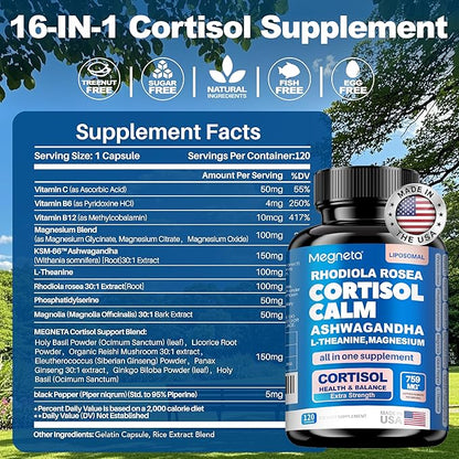 Cortisol Balance & Sleep Support for Women & Men – Natural Calm Formula with Magnesium, Ashwagandha & L-Theanine – Supports Restful Sleep, Relaxation, Focus & Healthy Cortisol Levels – 120 Capsules