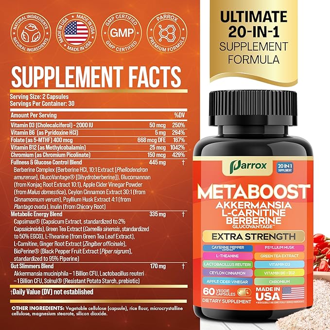 GLP-1 Booster Supplement, Akkermansia, L-Carnitine, Berberine (GlucoVantage), Methylfolate, Methylated B12, Chromium, Capsimax, Psyllium Husk, Probiotics Vitamins D3, B6, 20-in-1 Plant-Based (3 Pack)