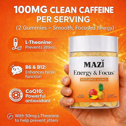 Energy & Focus Gummies | 100mg Natural Caffeine + L-Theanine + Vitamin B6 & B12 + CoQ10 | Nootropic Cognitive Brain Performance Supplement | No Crash or Jitters