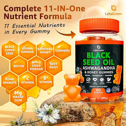 Black Seed Oil Gummies 500mg with Ashwagandha & Apple Cider Vinegar - Immune & Wellness Support Supplement with Vitamin C, Biotin, Turmeric - 60 Organic Gummy Bears for Hair & Skin