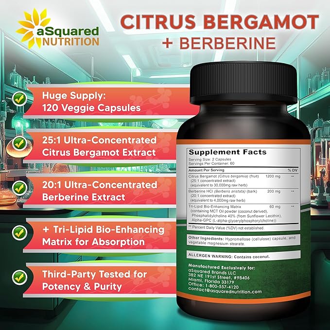 aSquared Nutrition Citrus Bergamot with Berberine Supplement - 1400mg Per Serving Max Strength Complex - 120 Capsules - Supports Cardiovascular Health - Pills Alternative to Gummies & Liquid Drops