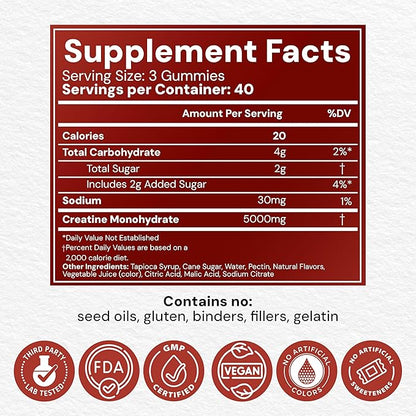 Creatine Monohydrate Gummies 5g - Only 2g Sugar, Made in USA - Sour Watermelon Flavor - Vegan & 3rd Party Tested - Pre & Post Workout Supplement for Women and Men (120 Count, 40 Servings)