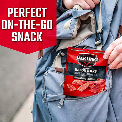 Jack Link's Bacon Jerky, Hickory Smoked - Flavorful Ready to Eat Meat Snack with 11g of Protein per Serving, Made with 100% Thick Cut Real Bacon, Protein Snack, Keto Friendly, 2.5 oz. (Pack of 4)