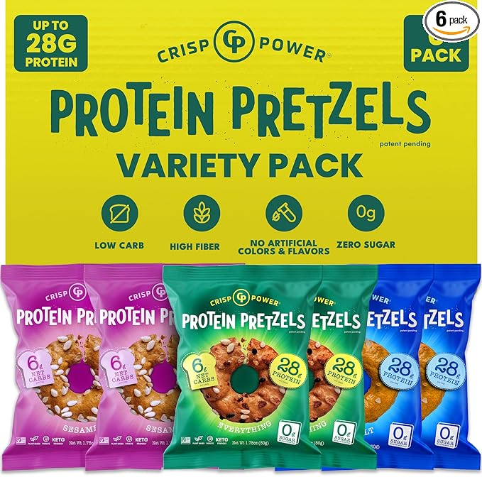 CRISP POWER Protein Pretzels, Variety Pack With Sea Salt, Sesame, & Everything, Up To 28G Protein, High Protein Snack, High Fiber, Low Carb Crunchy Pretzel Snacks, No Added Sugar, 1.75 oz Bags, 6 Pack, Vegan, Keto