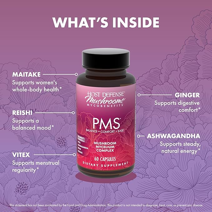 Host Defense MycoBenefits PMS Capsules - Mushroom Supplement for Women's Health Support - Support for Monthly Hormonal Fluctuations - Includes Maitake, Reishi, Vitex - 60 Capsules (30 Servings)