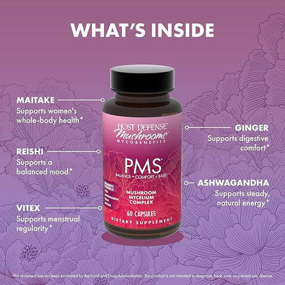 Host Defense MycoBenefits PMS Capsules - Mushroom Supplement for Women's Health Support - Support for Monthly Hormonal Fluctuations - Includes Maitake, Reishi, Vitex - 60 Capsules (30 Servings)