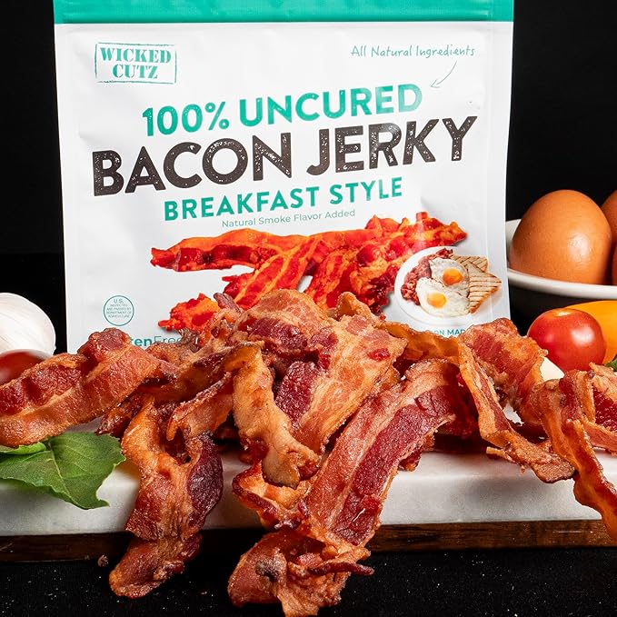 Breakfast Style Bacon Jerky, 14g Protein Per Bag, Tender & Easy to Chew Fully Cooked Bacon, USA Made, High Protein Carnivore Snacks (2 Bags)