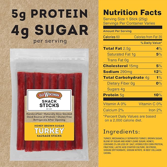 Old Wisconsin Honey Brown Sugar Turkey Sausage Snack Sticks, Naturally Smoked, Ready to Eat, High Protein, Low Carb, Keto, Gluten Free, 16 Ounce Resealable Package, Honey Turkey