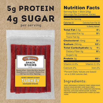 Old Wisconsin Honey Brown Sugar Turkey Sausage Snack Sticks, Naturally Smoked, Ready to Eat, High Protein, Low Carb, Keto, Gluten Free, 16 Ounce Resealable Package, Honey Turkey
