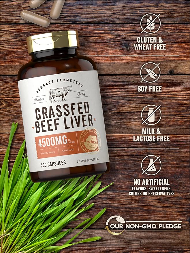 Carlyle Grass Fed Beef Liver Capsules | 4500mg | 250 Count | Desiccated Supplement | Non-GMO, Gluten Free | by Herbage Farmstead
