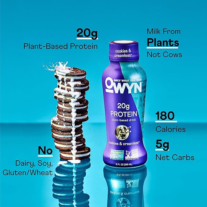 OWYN Only What You Need Plant Based Protein Shake, 20g Vegan Protein from Organic Pumpkin Seed, Flax, Pea Blend, Prebiotic Supplement, Superfood Greens, Gluten & Soy-Free (Cookies & Creamless)