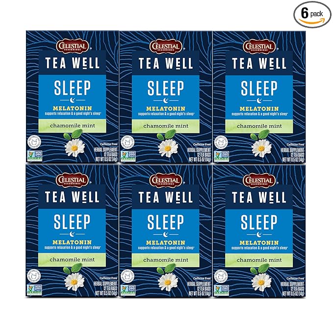 Celestial Seasonings TeaWell Herbal Tea, Sleep with Melatonin, Chamomile Mint, Caffeine Free Wellness Tea, 12 Tea Bags (Pack of 6)