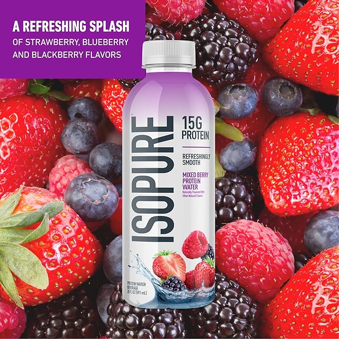 Isopure Clear Protein Water with Electrolytes, 15g Whey Protein Isolate, Zero Sugar, Mixed Berry, 20 fl oz Bottle, 1 Count
