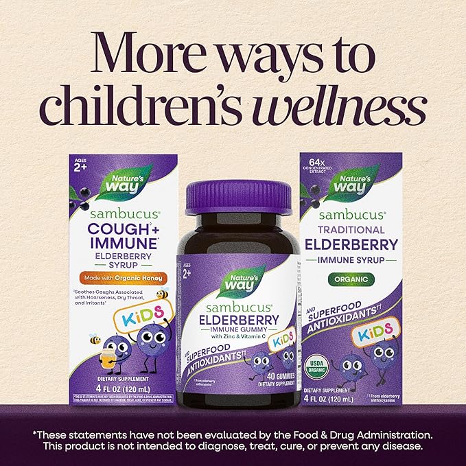 Nature’s Way Sambucus Kids Elderberry Immune Gummies with Black Elderberry Extract, Daily Immune Support Gummy with Vitamin C and Zinc for Children Ages 2+*, 60 Gummies (Set of 3)