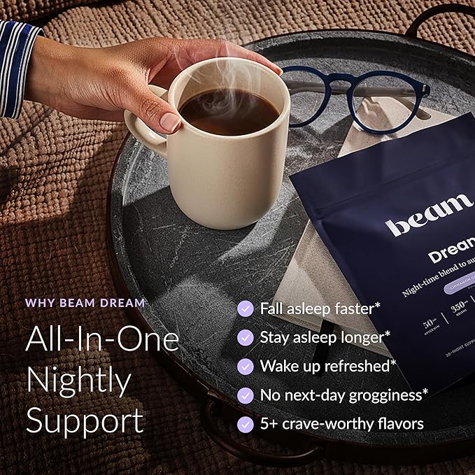 Beam Dream Sleep Powder – Sleep Aid for Adults with Melatonin, Magnesium, L-Theanine, Reishi Mushroom & Apigenin Sleep Supplement, Sleepy Cocoa Bedtime Drink Mix, Starter Set, 10 Servings & Frother