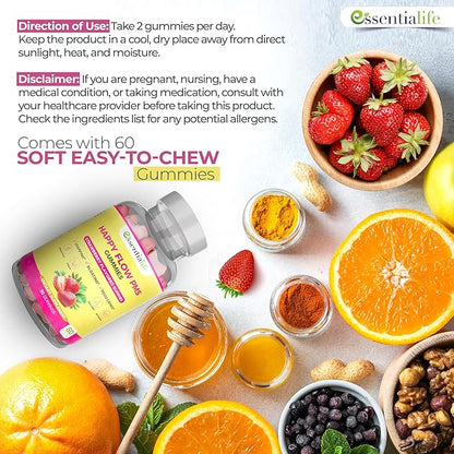 PMS Gummies - Happy Flow PMS Support Supplement for Women - Strawberry PMS Relief Supplement with Vitamin B6 for Hormone Balance, Period Support, Cramps, Hormonal Acne & Bloating Relief (120 Count)