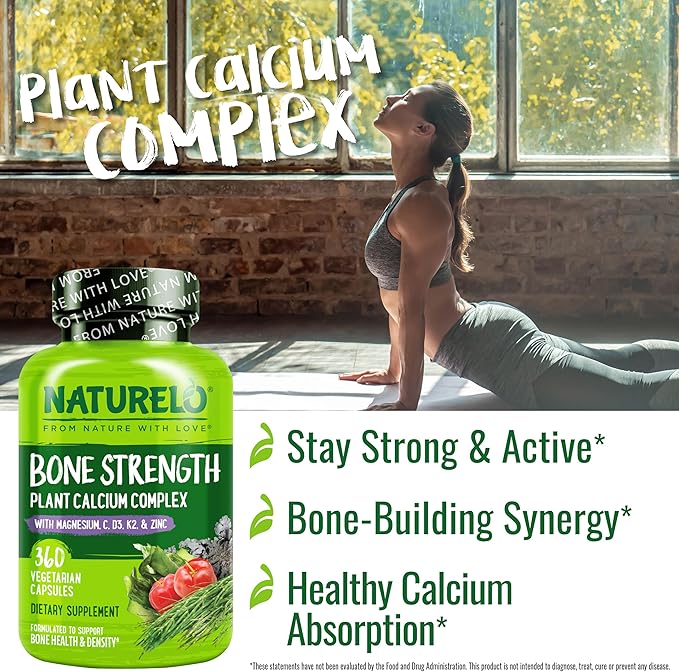 NATURELO Calcium Supplement - with Vitamin C, Vitamin D3, K2, and Calcium Magnesium Zinc for Bone Strength with Calcium 600mg - Plant-Based, 360 Vegetarian Capsules, Non-GMO, Soy & Gluten-Free