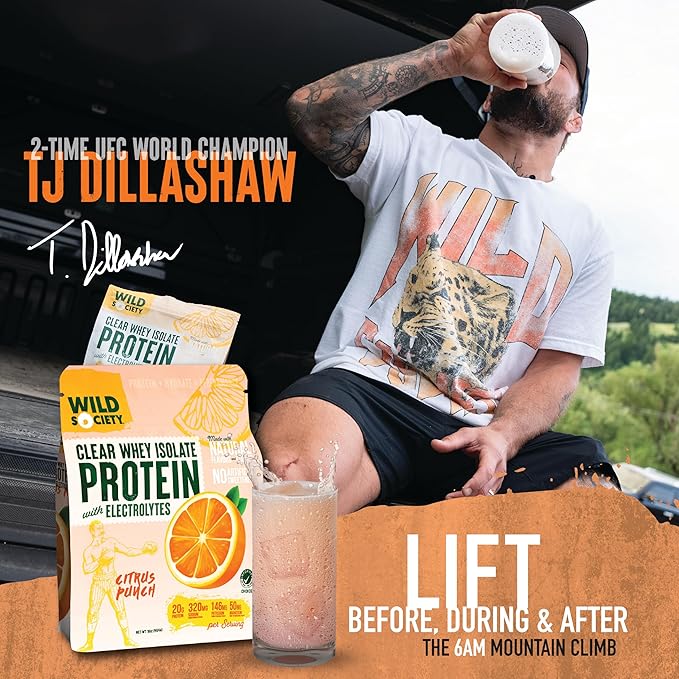 WILD SOCIETY - Clear Protein Powder + Electrolytes - 20g Clear Whey Protein Isolate Drink - Zero Sugar - 0g Lactose - Natural Flavors & Colors - Muscle Post Workout Recovery - Citrus Punch, 16 oz