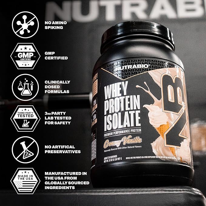 NutraBio 100% Whey Protein Isolate Protein Powder, 25g Protein with Complete Amino Acid Profile, Non-GMO, Soy & Gluten Free, Low Carb, Low Calorie Whey Protein Powder, Creamy Vanilla, 2 Lbs