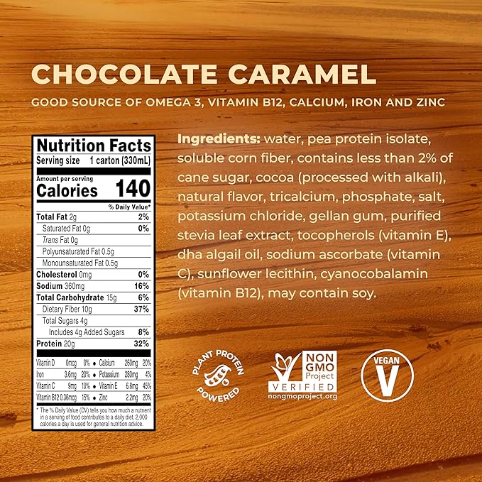 Evolve Plant Based Protein Shake, Chocolate Caramel, 20g Vegan Protein, Dairy Free, No Artificial Sweeteners, Non-GMO, 10g Fiber, 11oz, (24 Pack)