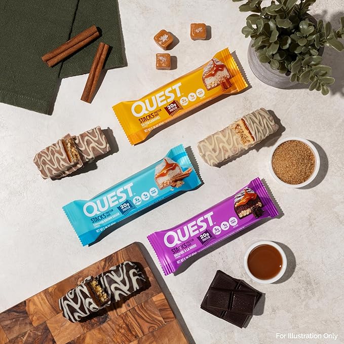 Quest Nutrition Stacks Protein Bars, Brownie a la Mode Flavor, 20g Protein, 3g Net Carbs, 1g Sugar, High Fiber, Low Sugar, Gluten Free, 4 Count