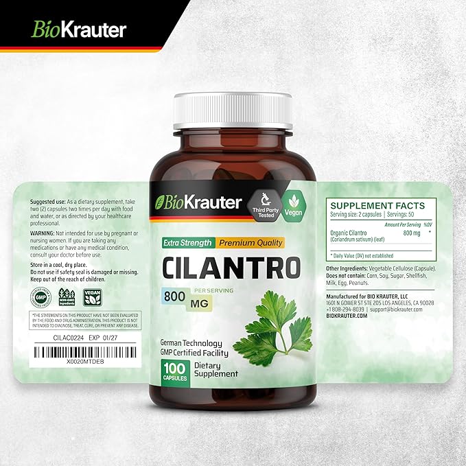 BIO KRAUTER® Cilantro for Detox Cleanse - Vegan Cilantro Capsules (Coriander Leaf Powder) 800 mg per Serving - Natural Detox & Antioxidant Supplement - 100 Capsules, Non-GMO Herbal Supplements