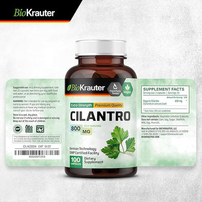 BIO KRAUTER® Cilantro for Detox Cleanse - Vegan Cilantro Capsules (Coriander Leaf Powder) 800 mg per Serving - Natural Detox & Antioxidant Supplement - 100 Capsules, Non-GMO Herbal Supplements