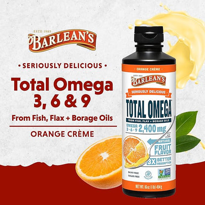 Barlean's Total Omega 3 6 9 Liquid Fish Oil Supplement with Borage and Flaxseed Oil, Orange Crème, 2,400 mg of EPA, DHA and GLA Fatty Acids, 16 oz