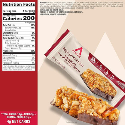 Atkins Chocolate Peanut Butter Pretzel High Protein Bar, High Fiber, 16g Protein, 1g Sugar, 4g Net Carbs, Keto Friendly, 12 Count