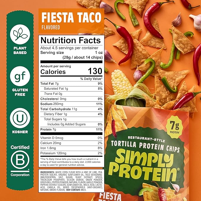 Simply Protein - Zesty Tortilla Chips, Restaurant Style Protein Chips, Fiesta Taco (3-Pack) -7g Protein, 140 Calories, Gluten Free, Vegan -Crispy Plant Based Pea Protein Snacks -3 Bags, 4.58oz (130g)