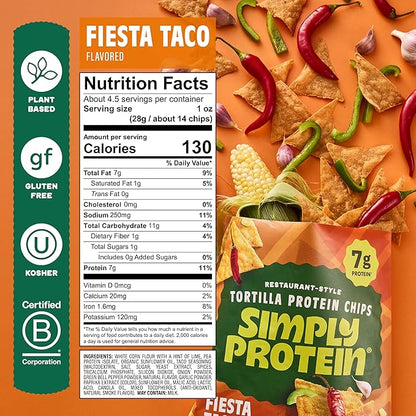 Simply Protein - Zesty Tortilla Chips, Restaurant Style Protein Chips, Fiesta Taco (3-Pack) -7g Protein, 140 Calories, Gluten Free, Vegan -Crispy Plant Based Pea Protein Snacks -3 Bags, 4.58oz (130g)