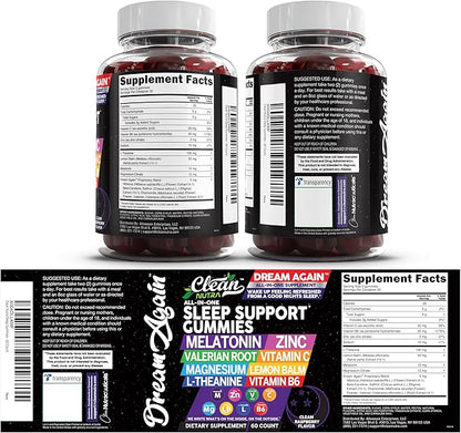 Clean Nutra Melatonin Gummies 10mg | Sleep Aid Valerian Root L-Theanine Vitamin B6 C Lemon Balm Magnesium Hibiscus Beta Carotene Saffron & Chamomile Rest Support Supplement Raspberry Flavor