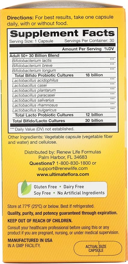 Renew Life Probiotic Adult 50 Plus Probiotic Capsules, Daily Supplement Supports Urinary, Digestive and Immune Health, L. Rhamnosus GG, Dairy, Soy and gluten-free, 30 Billion CFU, 30 Count
