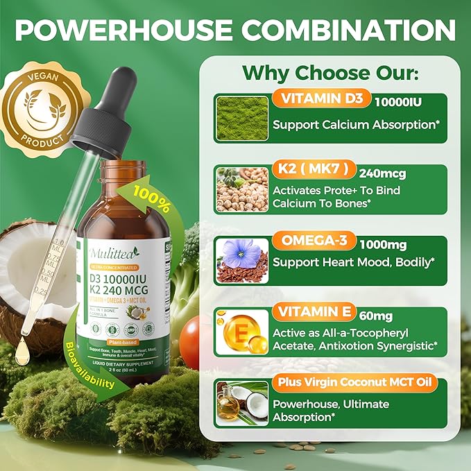 2 Pack Organic Vitamin D3 K2 Liquid 10000 IU w/ Vegan Omega-3 & Coconut MCT Oil - Maximum Strength Vitamin D Supplement, No Fillers, Non-GMO K2 as MK7 for Bones, Muscles & High Absorption-2 Fl Oz