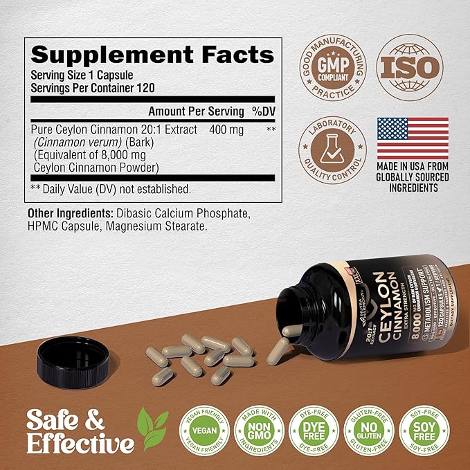 Ceylon Cinnamon Capsules - Extra Strength - Energy, Heart & Metabolism Support - for Men & Women - Pure Natural Extract 20:1 Supplement - Made in USA - GMO & Gluten Free, 120 Capsules, 4 Month Supply