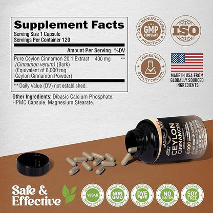 Ceylon Cinnamon Capsules - Extra Strength - Energy, Heart & Metabolism Support - for Men & Women - Pure Natural Extract 20:1 Supplement - Made in USA - GMO & Gluten Free, 120 Capsules, 4 Month Supply