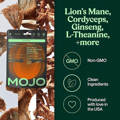 Mojo Extra Strength Focus Gummies with Lion’s Mane, Panax Ginseng, Ginger Root, Cordyceps, SAM-e, and Nootropics, Energy and Focus Supplement, Vegan, Strawberry Tangerine (2 Pack)