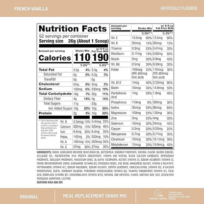 SlimFast Meal Replacement Powder, Original French Vanilla, Shake Mix, 10g of Protein, 52 Servings