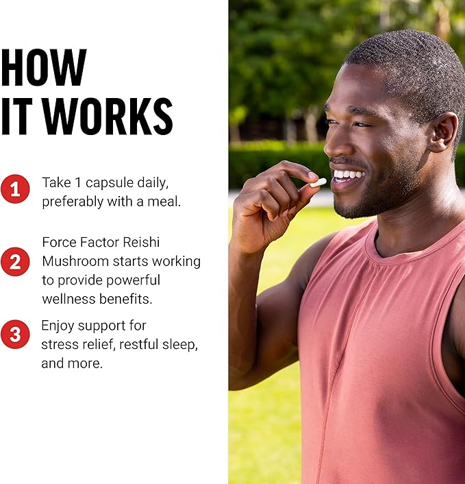 Force Factor Reishi Mushroom Supplement, Stress Relief Supplement and Sleep Support Supplement Made with Reishi Mushroom Extract, Vegan, No Gelatin, Non-GMO, 100 Vegetable Capsules