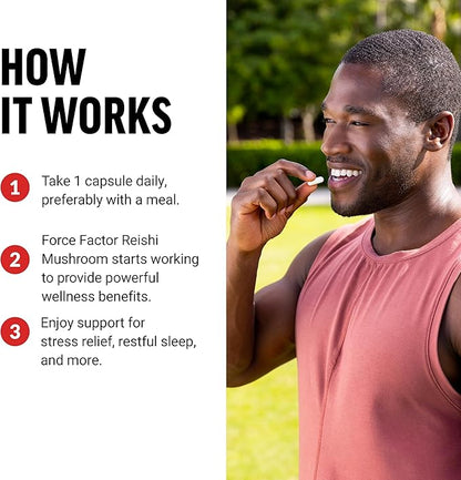 Force Factor Reishi Mushroom Supplement, Stress Relief Supplement and Sleep Support Supplement Made with Reishi Mushroom Extract, Vegan, No Gelatin, Non-GMO, 100 Vegetable Capsules