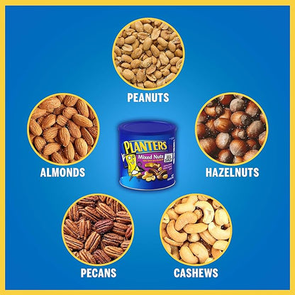 PLANTERS Salted MixedNuts, Peanuts, Almonds, Cashews,BrazilNuts and Pecans, PartySnack, Plant-Based Protein, Quick Snackfor Adults, After SchoolSnack, Bulk Nuts, Kosher,56oz Canister (Pack of 2)