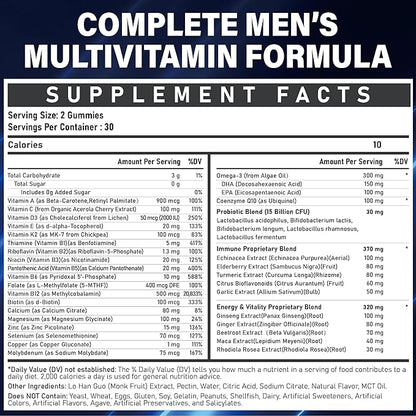 Methylated Multivitamin Gummies for Men - Mens Multivitanins Gummy with Vitamins A C D K E, Methylated Folate, B Complex, Probiotics, Omega-3, CoQ10, Herbal Blend - Support Energy & Immune Health