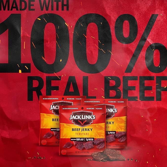 Jack Link's Beef Jerky,Teriyaki,Multipack Bags - Flavorful Meat Snacks for Lunches,Ready to Eat Protein Snacks,Individual Packs - 7g of Protein,Made with 100% Beef - 0.625 oz,(Pack of 40)