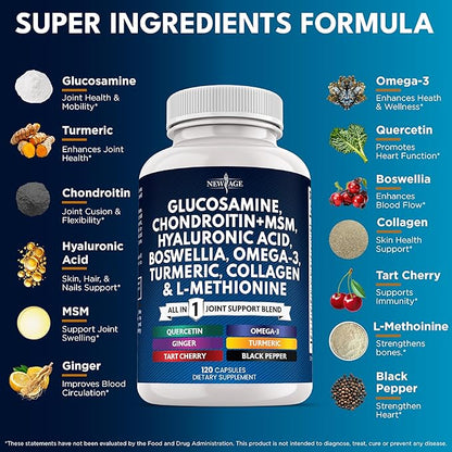 Glucosamine Chondroitin, MSM, Turmeric Curcumin, Collagen, Hyaluronic Acid, Omega 3 – Health Supplement for Men & Women – 240 Count