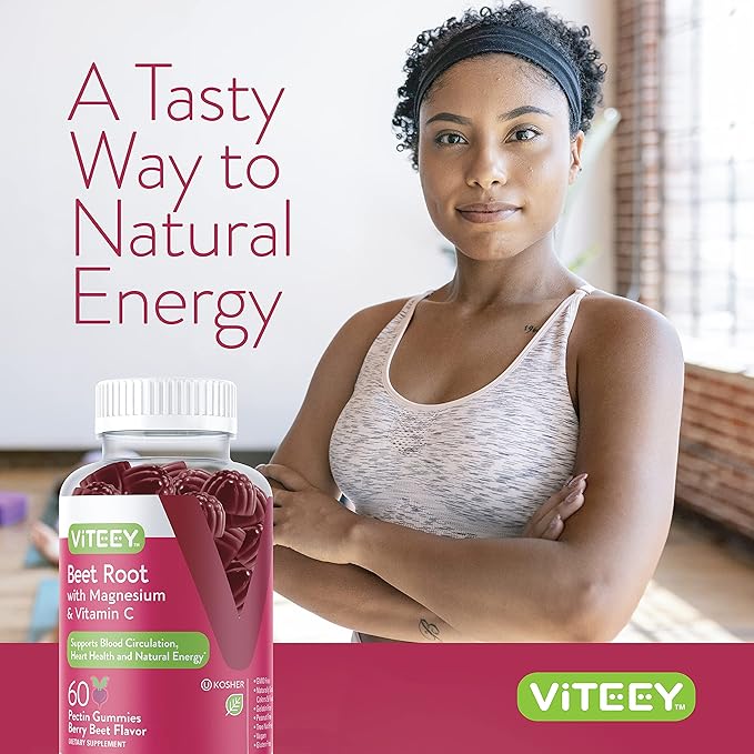 Viteey Beet Root Gummies with Magnesium & Vitamin C - Beetroot Supplement for Heart Health, Blood Pressure Support - Vegan, Gluten-Free - 120 Count
