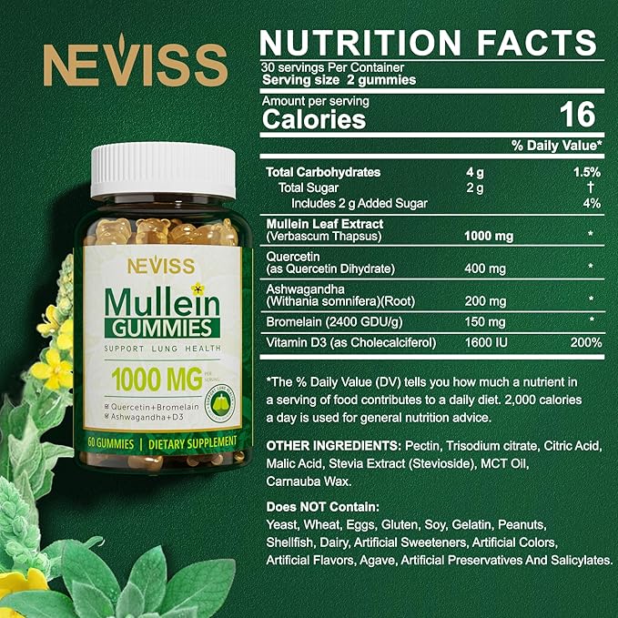NEVISS Mullein Gummies for Lungs, Organic Mullein Leaf Extract 1000mg for Respiratory System with Quercetin & Bromelain, D3 for Digestive Support, Immune Booster, Sugar Free, Vegan, 120 Count